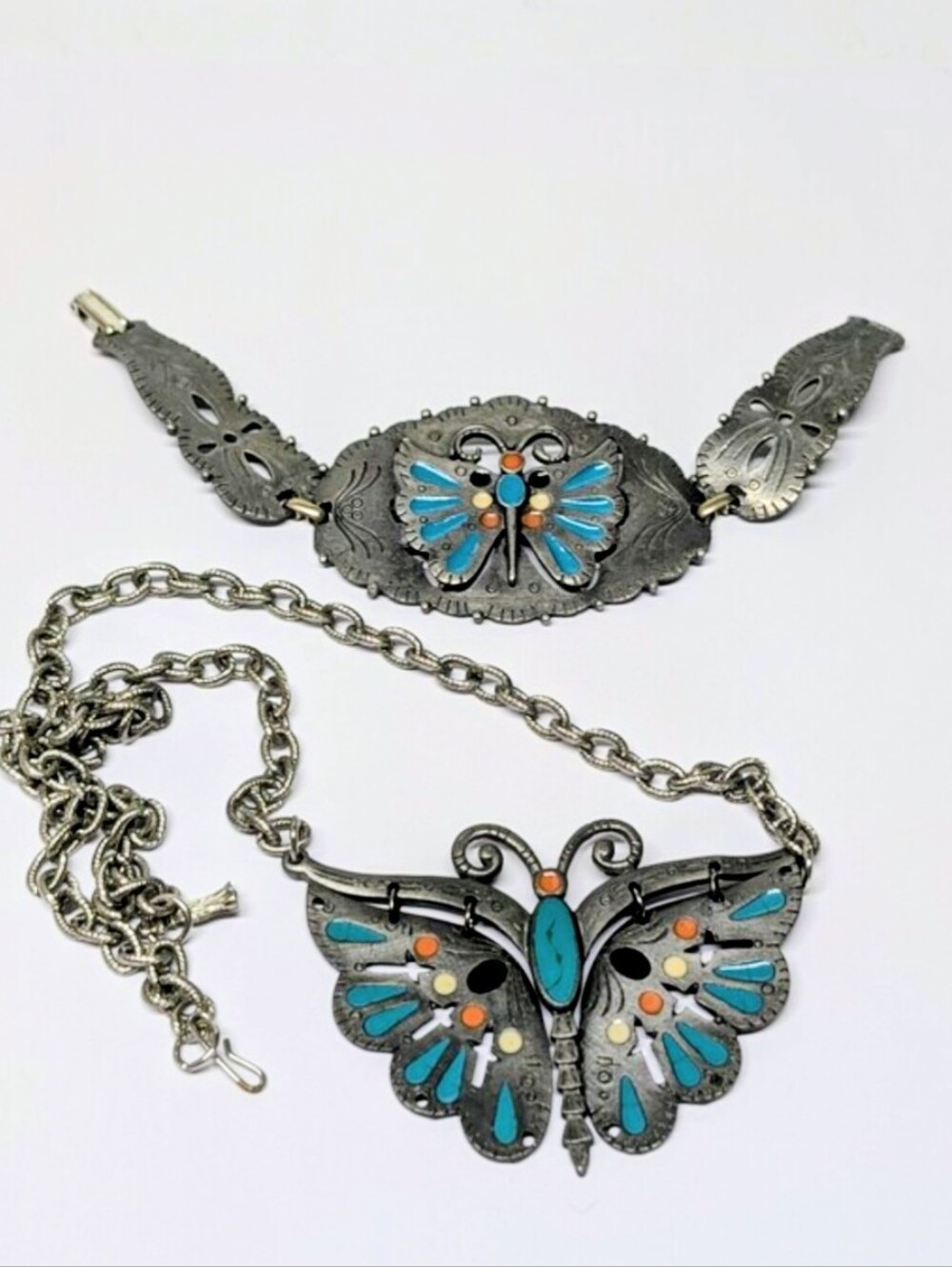 70s Signed Celebrity Faux Turquoise Enamel Color Butterfly Necklace Bracelet Set
